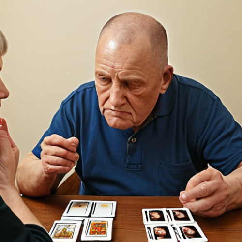 Home 4 **
A determined man, Kim**, in speech therapy, focusing intently on matching picture cards with words, encouraged by his supportive family. The scene highlights his progress in overcoming aphasia after a stroke, with a warm and hopeful atmosphere.
**