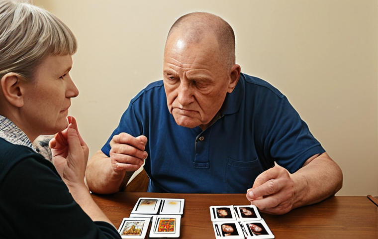**

A determined man, Kim**, in speech therapy, focusing intently on matching picture cards with words, encouraged by his supportive family. The scene highlights his progress in overcoming aphasia after a stroke, with a warm and hopeful atmosphere.

**