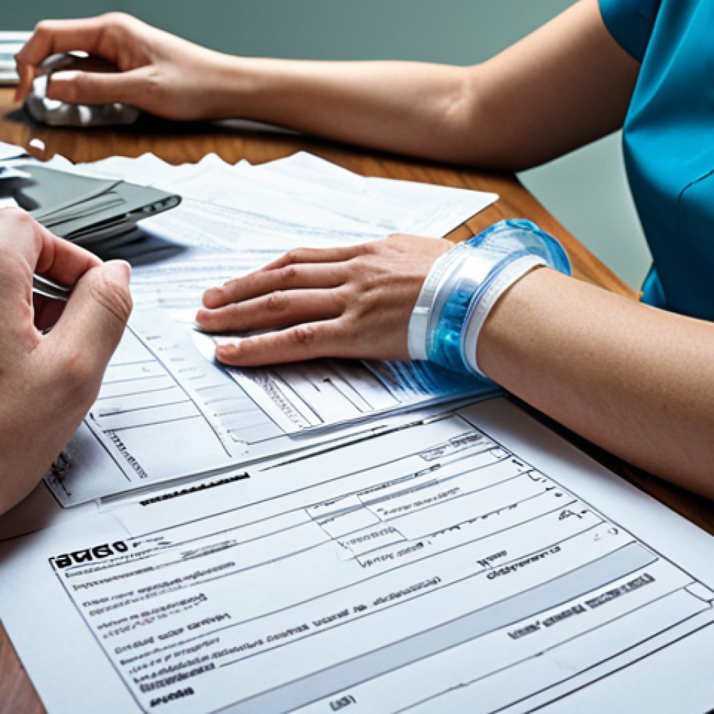 A person with a wrist cast or arm brace, looking overwhelmed and frustrated, sitting at a desk covered with scattered, complex medical bills, insurance claim forms, and hospital documents. The scene should convey the immense financial burden and the difficulty of navigating healthcare after a fracture. Soft, slightly desaturated lighting to emphasize the stress. Realistic, detailed, modern setting.