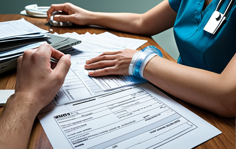 A person with a wrist cast or arm brace, looking overwhelmed and frustrated, sitting at a desk covered with scattered, complex medical bills, insurance claim forms, and hospital documents. The scene should convey the immense financial burden and the difficulty of navigating healthcare after a fracture. Soft, slightly desaturated lighting to emphasize the stress. Realistic, detailed, modern setting.
