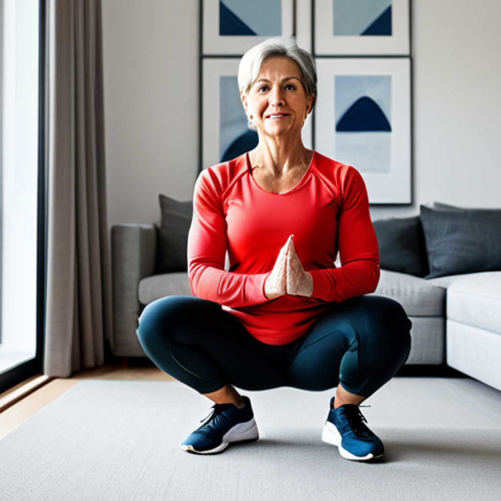 **
"A middle-aged woman in professional workout attire, demonstrating a modified squat exercise in a bright, modern living room. Fully clothed, appropriate content, safe for work. Natural pose, correct proportions, well-formed hands, family-friendly. High-quality digital art, demonstrating healthy lifestyle. Modest attire, indoor setting."
**