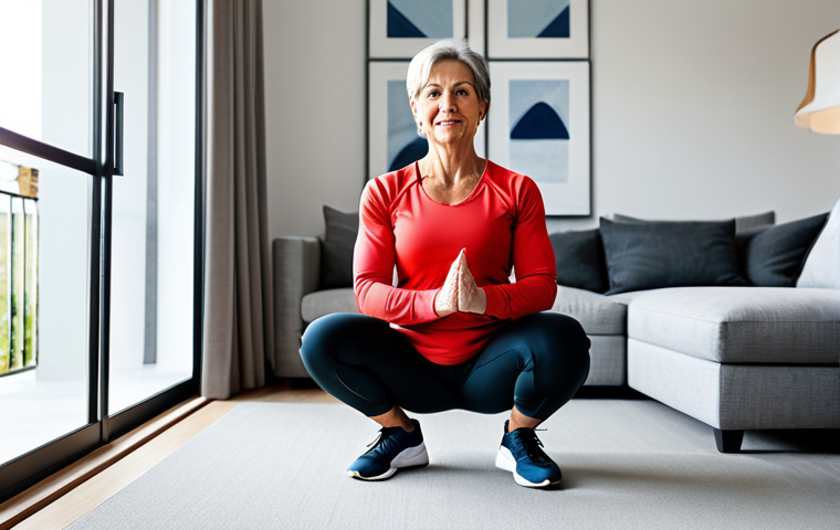 **
"A middle-aged woman in professional workout attire, demonstrating a modified squat exercise in a bright, modern living room. Fully clothed, appropriate content, safe for work. Natural pose, correct proportions, well-formed hands, family-friendly. High-quality digital art, demonstrating healthy lifestyle. Modest attire, indoor setting."
**