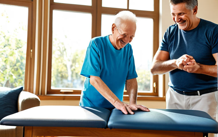 뇌졸중 환자 재활 프로그램 - In-Home Rehabilitation**
A senior man, fully clothed in comfortable attire, practicing grasping exe...