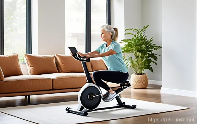 재활운동 기구 비용 비교 - **Image Prompt 1: Home Rehabilitation - Comfort and Technology**
A middle-aged woman, dressed in...