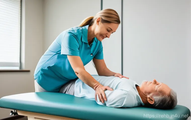 재활치료 의료보험 적용 기준 - Inside a state-of-the-art hospital rehabilitation gym, an adult patient (approximately 40-50 years o... 재활치료 의료보험 적용 기준 - Inside a state-of-the-art hospital rehabilitation gym, an adult patient (approximately 40-50 years o...