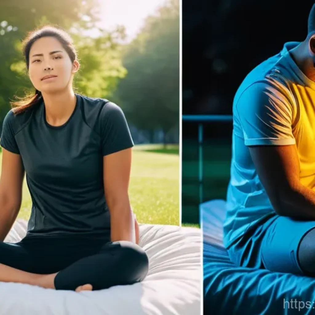 허리디스크 재활 효과 분석 - A contrasting image: On the left, a person, appearing to be in their 30s, struggles with severe lowe...