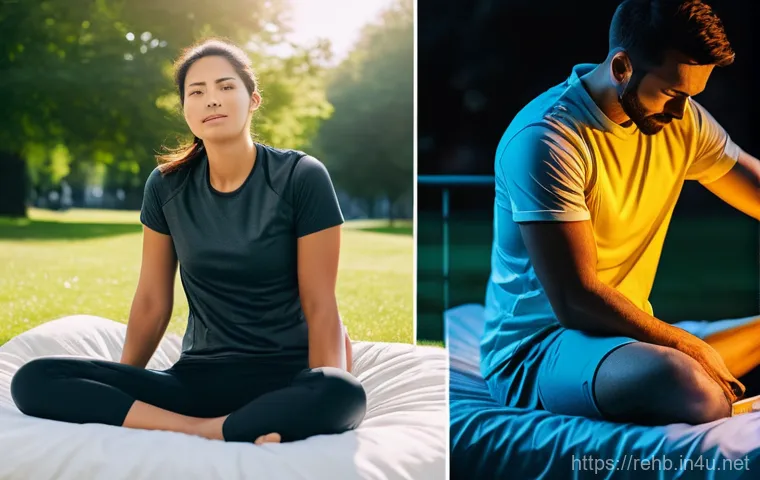 허리디스크 재활 효과 분석 - A contrasting image: On the left, a person, appearing to be in their 30s, struggles with severe lowe...