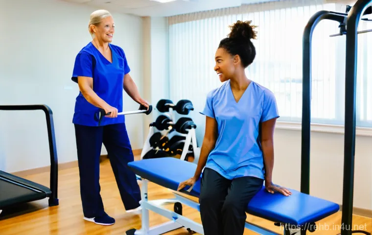 사지마비 환자 회복기 - **Image Prompt 1: The First Steps Towards Recovery**
A bright, modern rehabilitation gym bathed ...