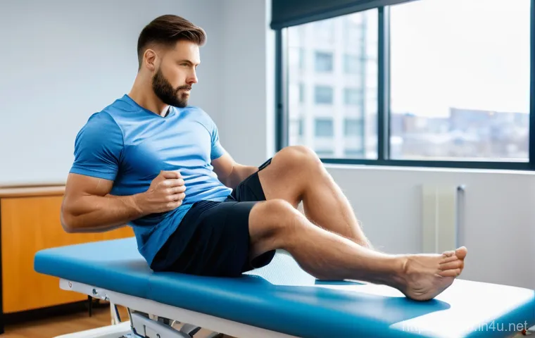 골절 후 재활운동 시간표 - **Image Prompt 1: Early-Stage Fracture Rehabilitation with Physical Therapist**
A 30-year-old ma...